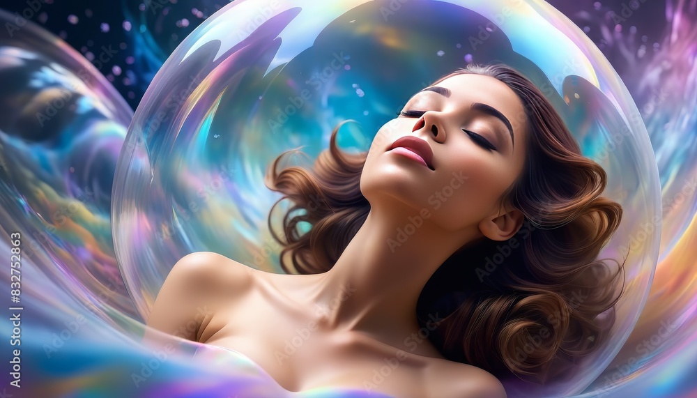 Poster surreal portrait of a woman peacefully floating in a cosmic bubble surrounded by a colorful nebula, 