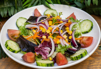 Ensalada muy veraniga con pepinos, cebollas, tomates y brotes verdes