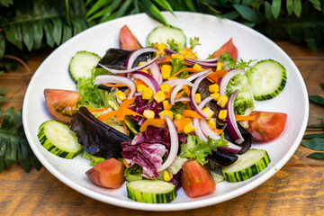 Ensalada muy veraniga con pepinos, cebollas, tomates y brotes verdes