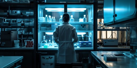 Researcher in the lab, back view, using a biosafety cabinet, advanced laboratory setup