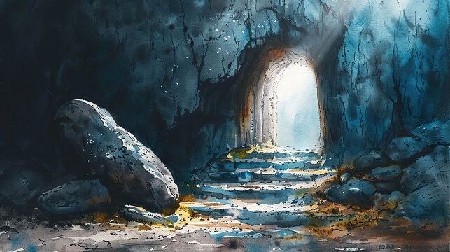 An empty tomb, bathed in radiant light, stands as a powerful testament to the resurrection of Jesus Christ, a symbol of hope and eternal life. Generated by AI.