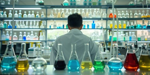 Researcher in the lab, back view, analyzing chemical reactions, modern lab environment