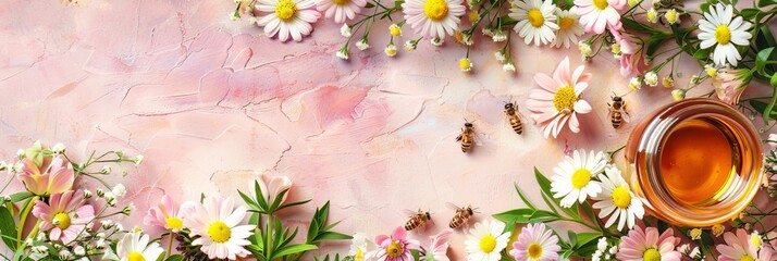 Jar of honey with bees on white background, pastel colored backdrop with copy space - Powered by Adobe