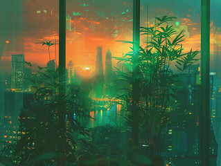 Naklejka premium Glow-in-the-dark plants, emitting a soft green light, adorning a futuristic cityscape, photography, golden hour lighting, Double Exposure effect