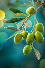 Ripe olives on branch against blurred background, ideal for text, copy space available