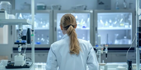 Researcher in the lab, back view, setting up a chromatography experiment, advanced lab equipment visible