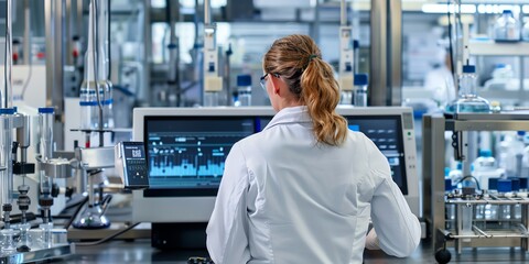 Researcher in the lab, back view, documenting results on a digital device, surrounded by scientific instruments