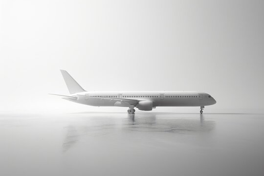 Truck on foggy runway with plane