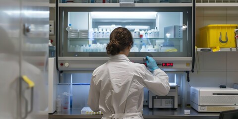 Researcher in the lab, back view, using a biosafety cabinet, advanced laboratory setup