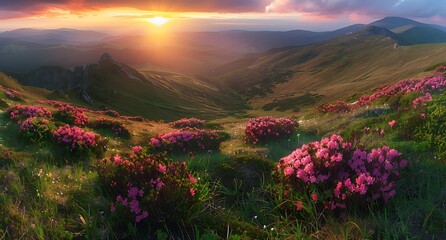 A panoramic view of the Carpathian Mountains at sunrise, with colorful rhodendron flowers blooming on grassy hills