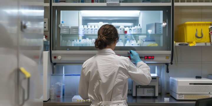 Researcher in the lab, back view, using a biosafety cabinet, advanced laboratory setup - Powered by Adobe