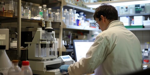 Obraz premium Researcher in the lab, back view, performing a titration experiment, modern lab instruments visible