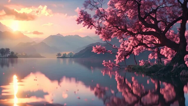 A painting depicting a lake with trees lining the shore and mountains in the background, A peaceful, tranquil scene evoking a sense of calm and serenity