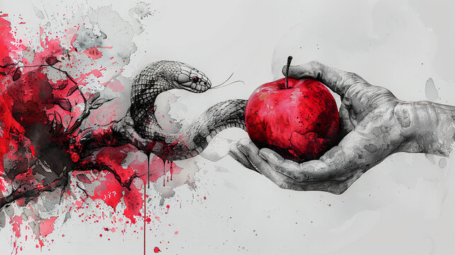 The Temptation of Eve: Deception by the Serpent with the Forbidden Fruit. Generated by AI