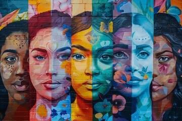 A mural showcasing a diverse group of people embracing, set against a rainbow background symbolizing unity and love