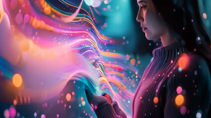 A woman holding a glowing smartphone in her hands, A person holding a glowing smartphone, surrounded by digital data streams - Powered by Adobe