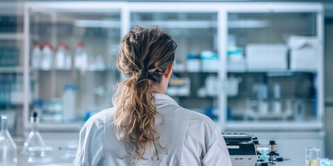 Researcher in the lab, back view, calibrating scientific instruments, modern laboratory equipment around