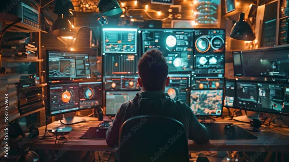 Poster a man is seated at a desk, working in front of numerous computer monitors, a person sitting at a des