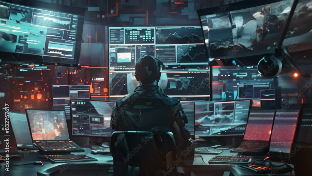Poster a man sits at a desk with several computer monitors in front of him, a person sitting at a desk surr