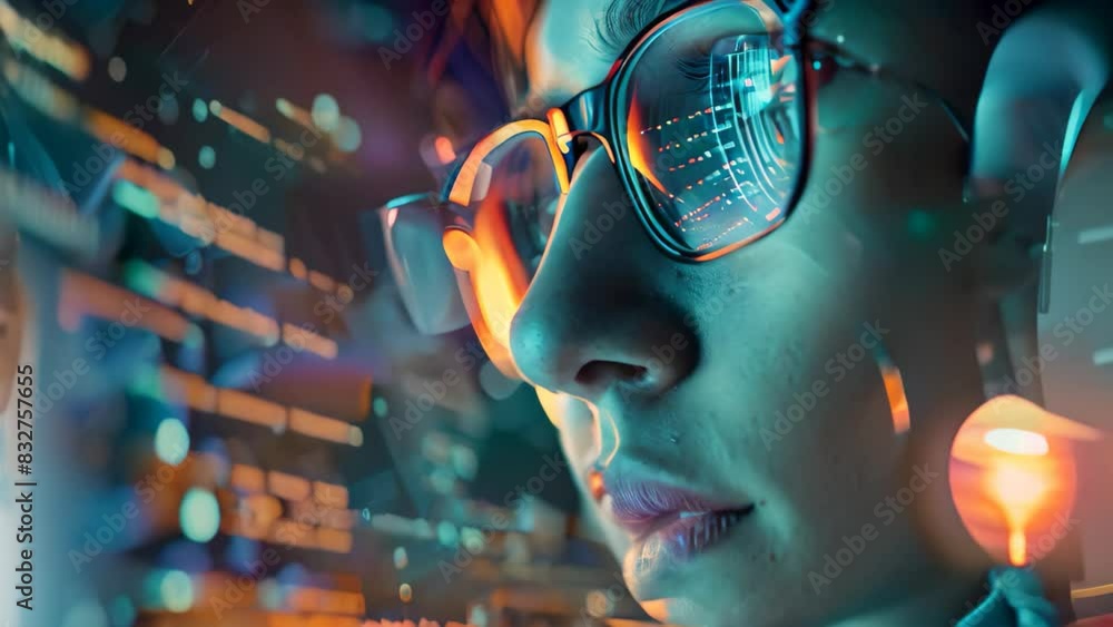 Poster man with glasses focused on computer screen, a person wearing glasses and staring intently at a comp