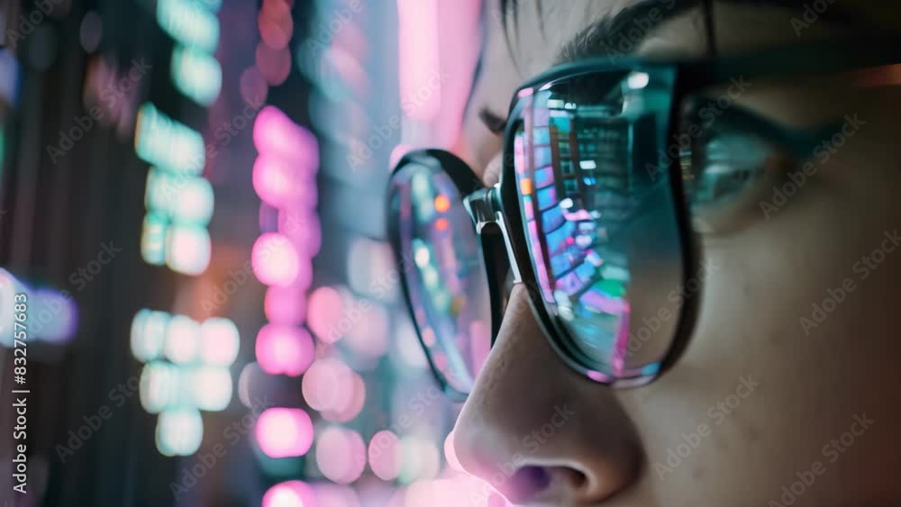 Poster a woman wearing glasses focused on a computer screen, a person wearing glasses and staring intently 
