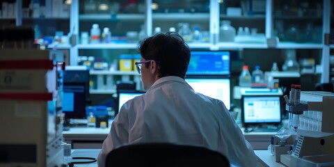 Researcher in the lab, back view, performing a titration experiment, modern lab instruments visible