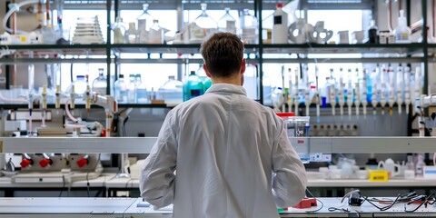 Researcher in the lab, back view, calibrating laboratory equipment, hightech environment