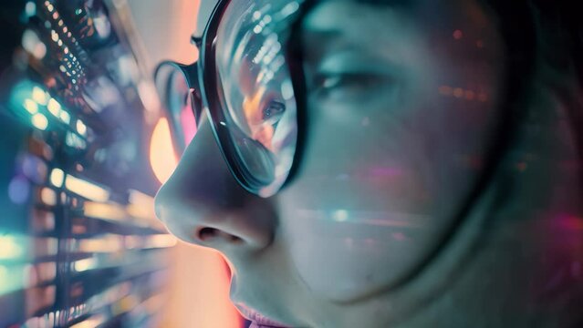 A woman focused, looking through a pair of glasses with curiosity and concentration, A person wearing glasses and staring intently at a computer screen filled with intricate data patterns