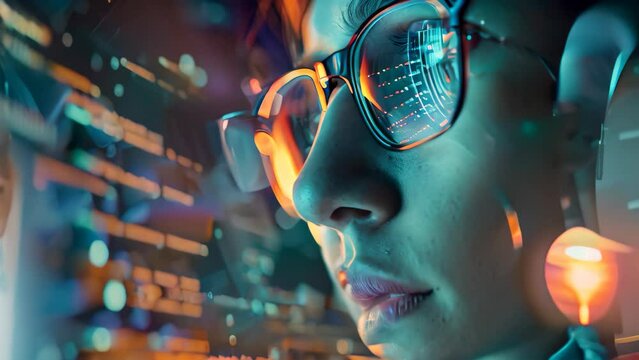 Man with glasses focused on computer screen, A person wearing glasses and staring intently at a computer screen filled with intricate data patterns