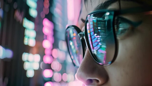 A woman wearing glasses focused on a computer screen, A person wearing glasses and staring intently at a computer screen filled with intricate data patterns