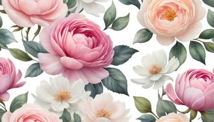 Beautiful seamless floral pattern featuring pink and white peonies with green leaves on a white background. Ideal for textile, wallpaper, or decor design.. AI Generation