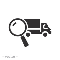 magnifying glass with vehicle icon, truck technical inspection, auto search or check, flat symbol on white background - editable stroke vector illustration