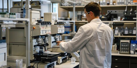 Obraz premium Researcher in the lab, back view, adjusting settings on a laboratory instrument, hightech lab environment