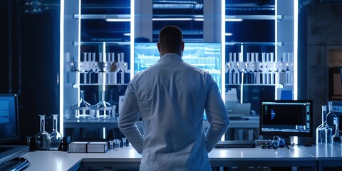 Researcher in the lab, back view, using digital tools for data analysis, sophisticated lab setup