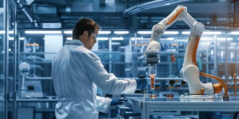 Scientist in the lab, back view, working with a centrifuge, hightech lab apparatus visible