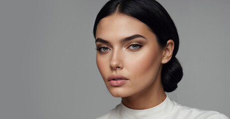 Naklejka premium A gorgeous black-haired, slightly smiling young woman