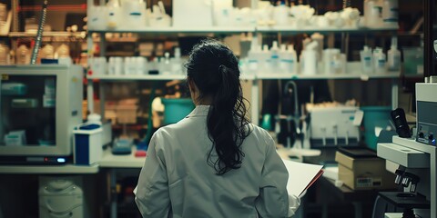Naklejka premium Scientist in the lab, back view, documenting experimental procedures, advanced lab tools nearby