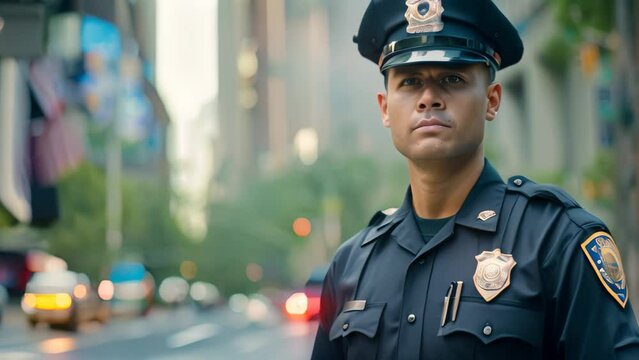 A police officer in uniform standing in the middle of a street, A police officer in uniform
