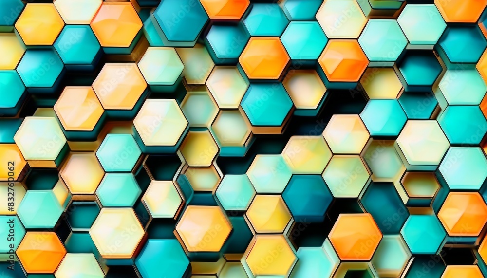 Poster a vibrant and detailed image of a geometric honeycomb pattern with hexagons in varying shades of ora