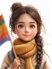A female character portrait and a confident expression, holding a rainbow flag, isolated on a white background.