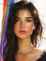 A female character portrait and a confident expression, holding a rainbow flag, isolated on a white background.