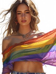 A female character portrait and a confident expression, holding a rainbow flag, isolated on a white background.