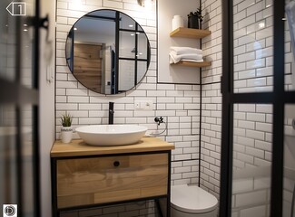 A small bathroom with white tiles, a black metal frame and a modern interior design
