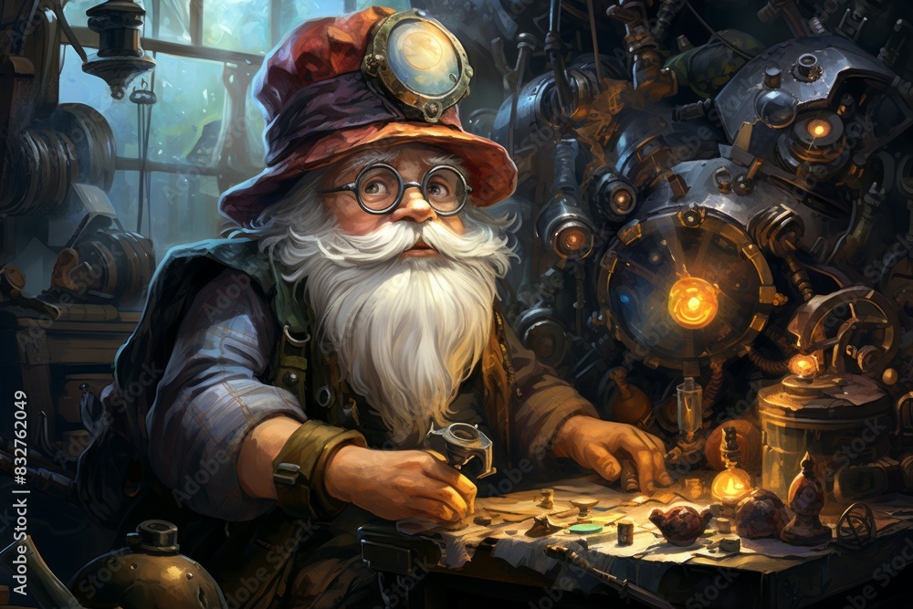 Wall mural A quick-witted gnome inventor, creating ingenious gadgets and contraptions to overcome challenges. - Generative AI