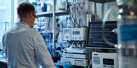 Scientist in the lab, back view, calibrating a gas chromatograph, modern laboratory equipment around