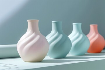 Four vases lined up on shelf