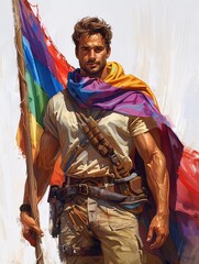 Obraz premium A male character portrait and a confident expression, holding a rainbow flag, isolated on a white background.