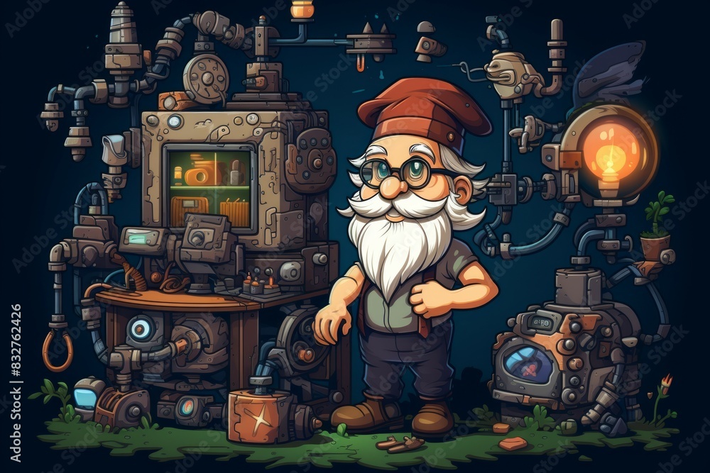 Wall mural a quick-witted gnome inventor, creating ingenious gadgets and contraptions to overcome challenges. -