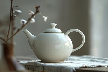 White teapot on table with flower in background