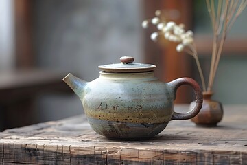 Teapot on table, vase in background